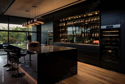 A Spacious and Sophisticated Contemporary Kitchen Embracing the Elegance of Black, Featuring Sleek Design, State-of-the-Art Appliances, and Innovative Lighting for Stylish