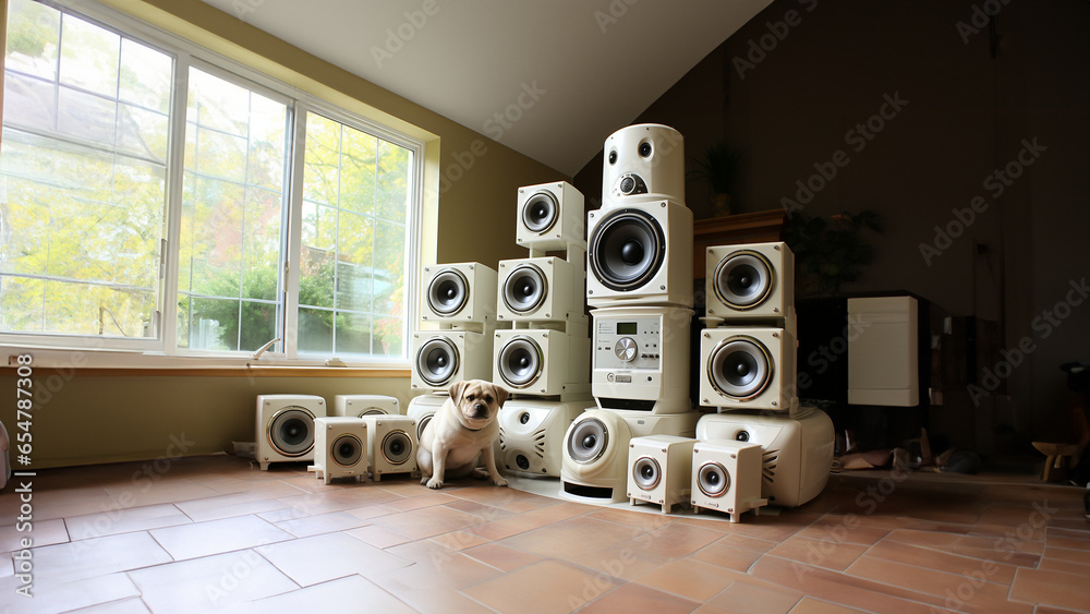 Fototapeta premium Boxer Hund mit super coolen Musik Boxen Querformat als Banner, ai generativ