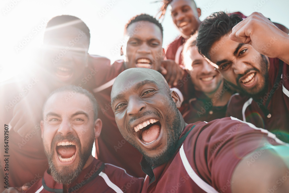 Football team, portrait and selfie on sports field with happiness, pride and final competition. Men, diversity and professional sport with collaboration in teamwork, lens flare and champion close up Football team, portrait and selfie on sports field with happiness, pride and final competition. Men, diversity and professional sport with collaboration in teamwork, lens flare and champion close up