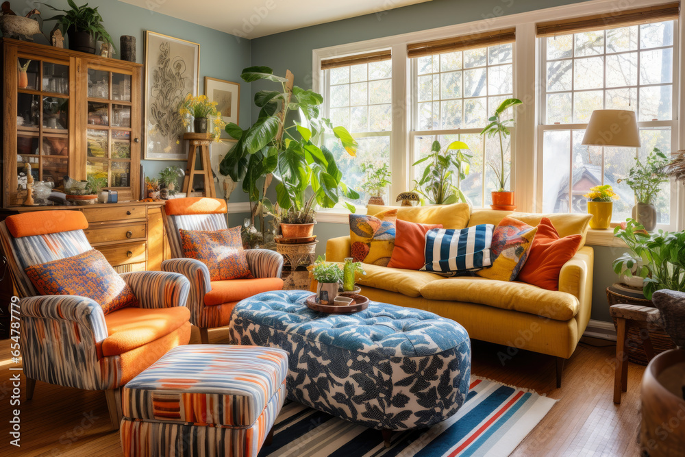 A Cozy and Eclectic Boho Chic Living Room: Vintage Furniture, Vibrant Colors, and Natural Elements Create an Inviting and Relaxed Ambiance with Global Influences.