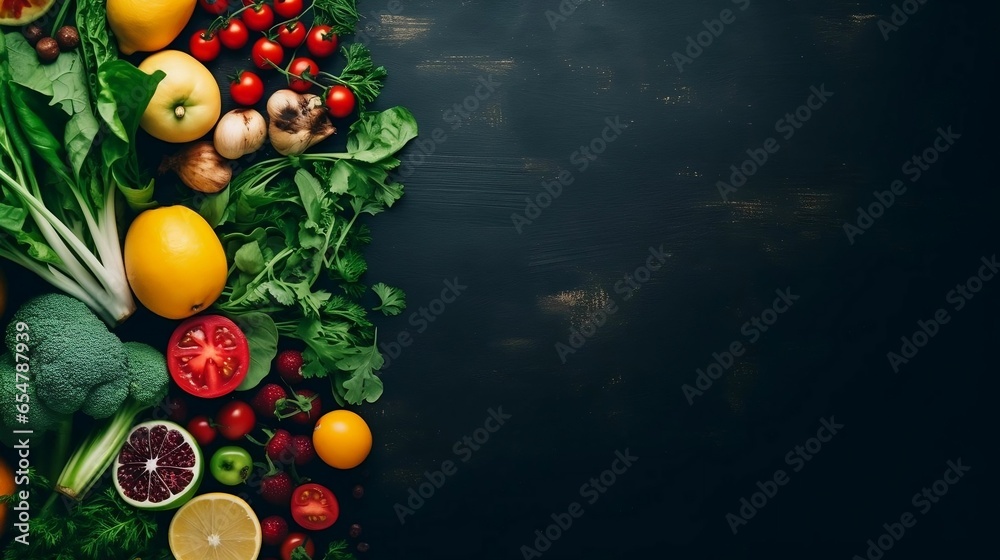 Top view of vegetarian meals on blue background
