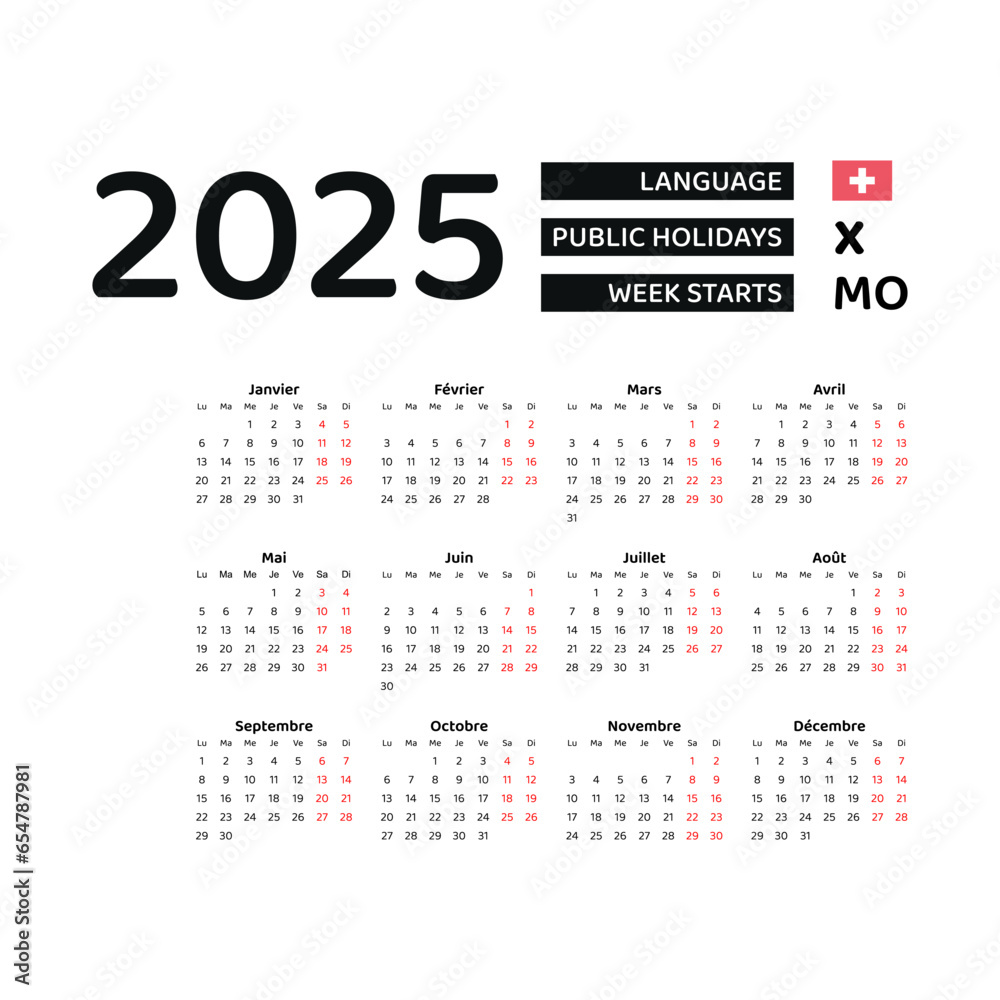 Switzerland Calendar 2025. Week starts from Monday. Vector graphic design. French language.