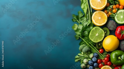 Top view of vegetarian meals on blue background