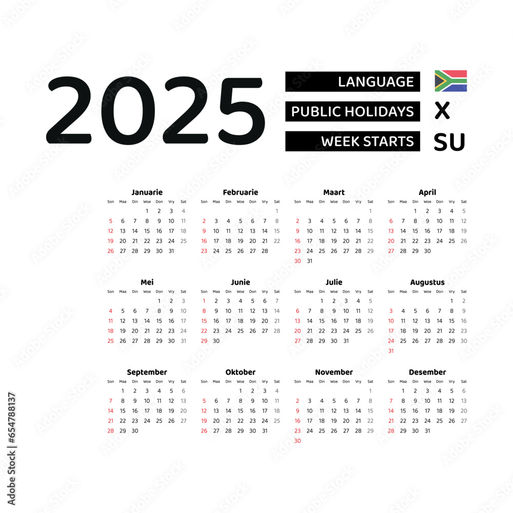 South Africa Calendar 2025. Week starts from Sunday. Vector graphic design. Afrikaans language.