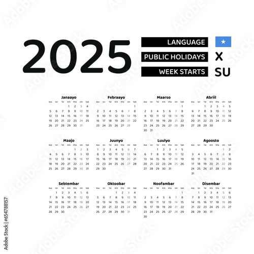 Somalia Calendar 2025. Week starts from Sunday. Vector graphic design. Somali language.