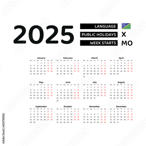 Solomon Islands Calendar 2025. Week starts from Monday. Vector graphic design. English language.