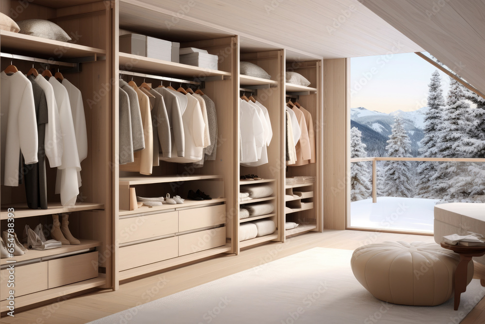 Experience the serene ambiance of a spacious, minimalistic Scandinavian walk-in closet, designed for relaxation and organization with comfortable seating, calming lighting, natural materials