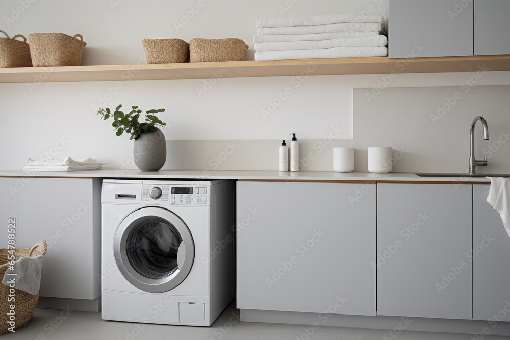 A Serene and Elegant Laundry Room in Scandinavian Minimalist Style with White and Light Gray Color Scheme, Offering Clean and Organized Laundry Organization, Sleek Design A Serene and Elegant Laundry Room in Scandinavian Minimalist Style with White and Light Gray Color Scheme, Offering Clean and Organized Laundry Organization, Sleek Design