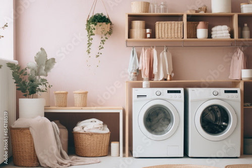 A Cozy Scandinavian Bohemian Laundry Room with Serene White and Pastel Colors, Stylish Wooden Accents, and Natural Light for a Calming and Tidy Laundry Routine.