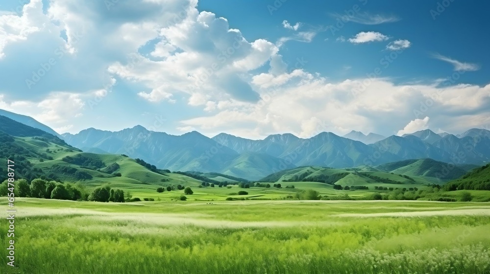 Natural landscape of summer field and high mountain
