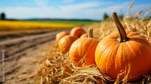 Pumpkins on rural landscape copy space background
