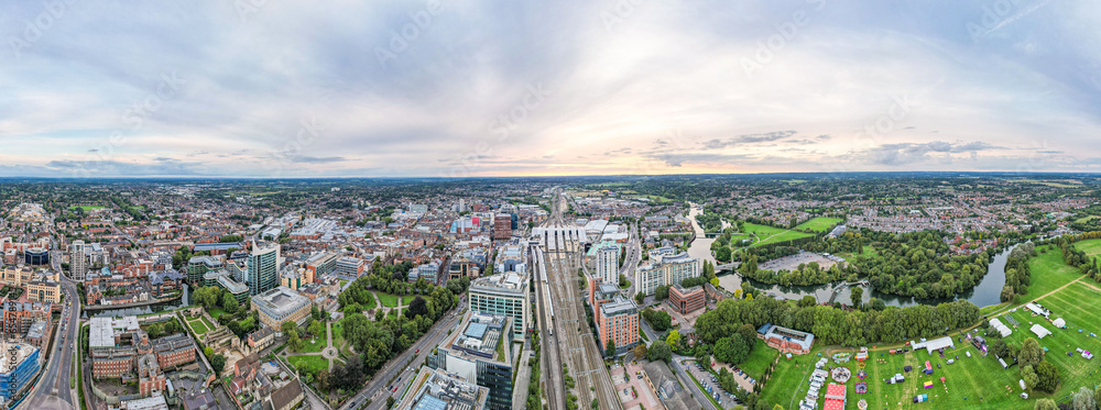 amazing aerial view of the downtown and railway station of Reading, Berkshire, UK