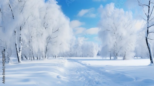 Snow-covered trees in forest under sunny blue sky © Abdul