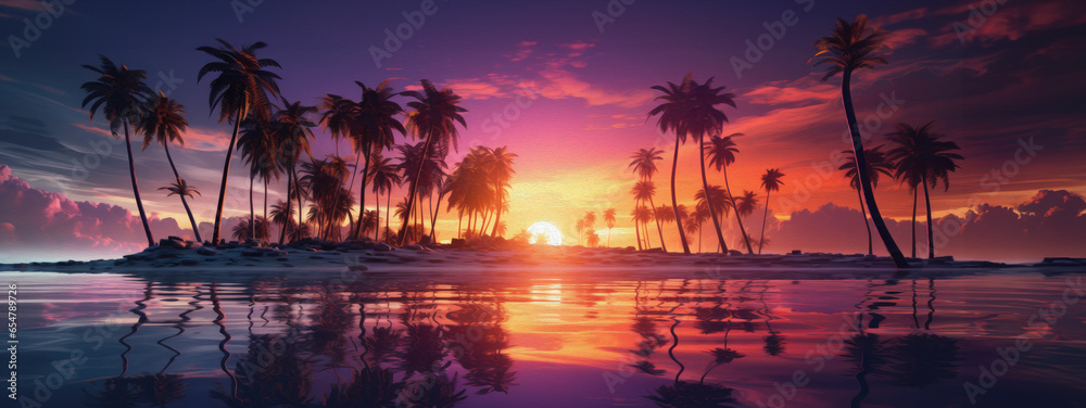 Some palm trees and islets on the beach with their reflections in the sunset, oil painting style