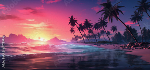 Some palm trees and islets on the beach in the sunset