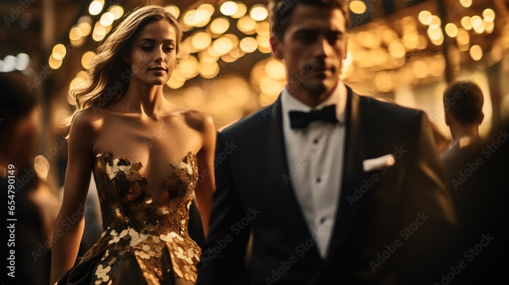 Couple of stars in gorgeous evening gowns and suit walking on the red ...