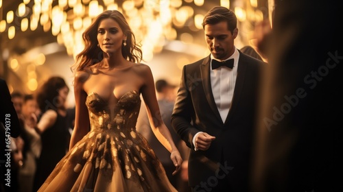 Photographie Beautiful woman in evening gowns walking on the red carpet in dinner party