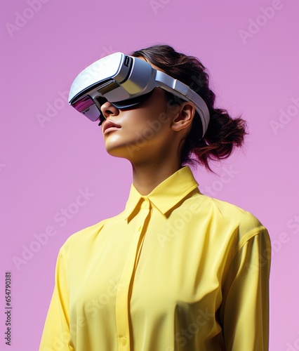 woman in a yellow shirt is wearing virtual reality in purple background © hakule