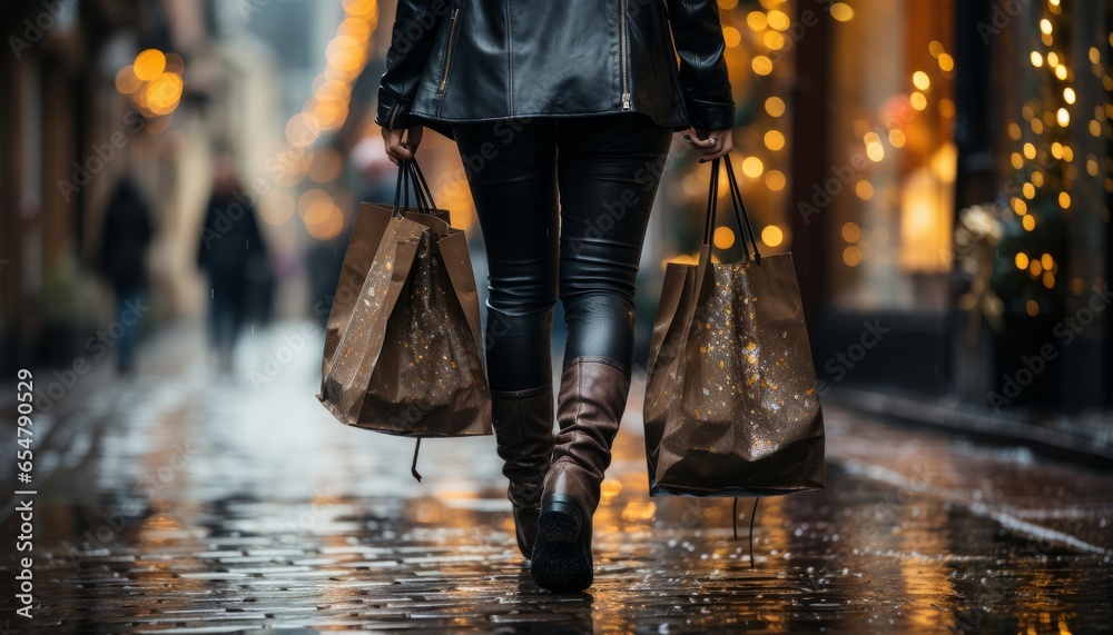 Women walking on the street with shopping bags - obrazy, fototapety, plakaty 