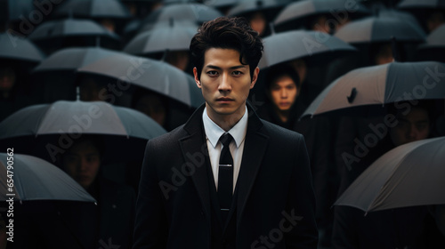 Businessman wearing suit standing in a crowd of people with black umbrellas walking backward