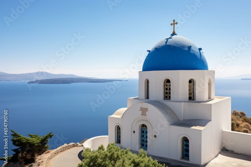 Church with beautiful blue dome and bell tower by the coast. Generative AI photo