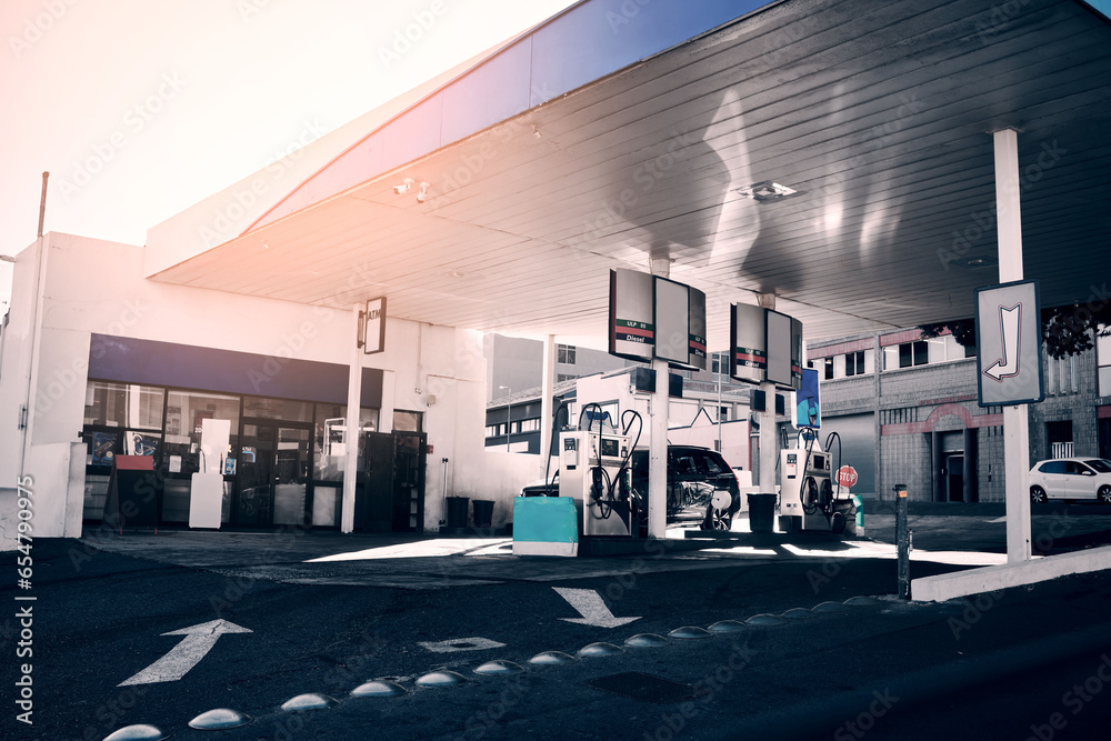 Gas station, cars and fuel for travel or transportation, auto stop and diesel service. Morning, road and and an area for gasoline for transport, oil change or a store for traveling inspection - obrazy, fototapety, plakaty 