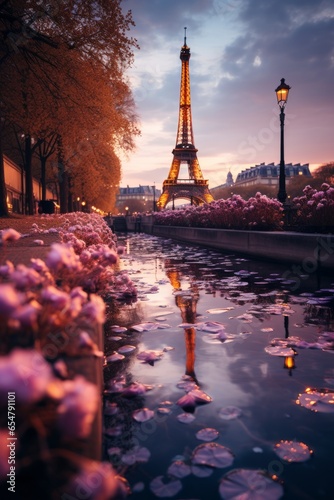Sunrise over the river behind the Eiffel tower view