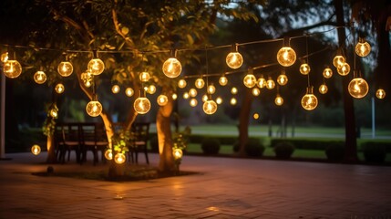 Outdoor string lights for wedding ceremony evening, With candles and lamps.