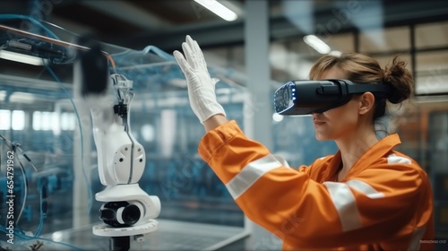 Female Industrial Engineer Wearing Virtual Reality Headset and Holding Controllers, She Uses VR technology for Industrial Design, photo