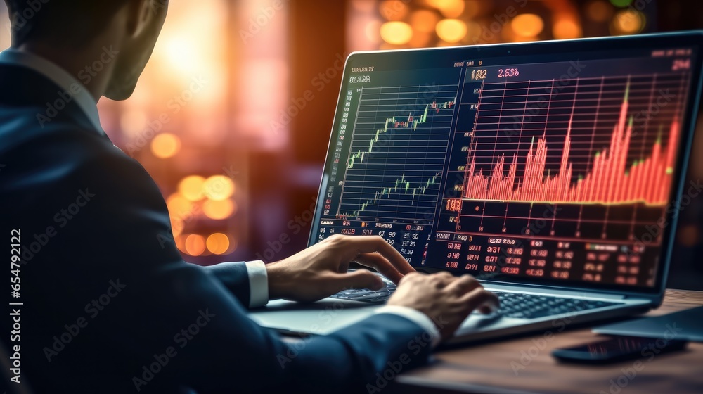 Businessman using laptop analyzing indicators finance trade with graph showing the ups and downs of the stock market. Businessman using laptop analyzing indicators finance trade with graph showing the ups and downs of the stock market.