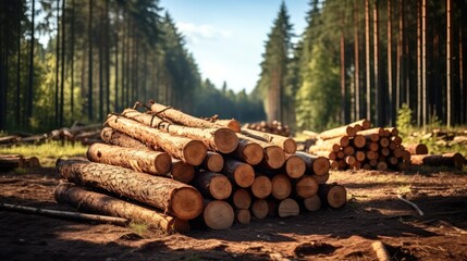 Log trunks pile, Wooden trunks pine, Logging timber wood industry.