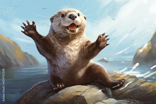 Amusing image of an otter on its back, sporting a playful smirk, effortlessly tossing rocks in the air. Generative AI photo