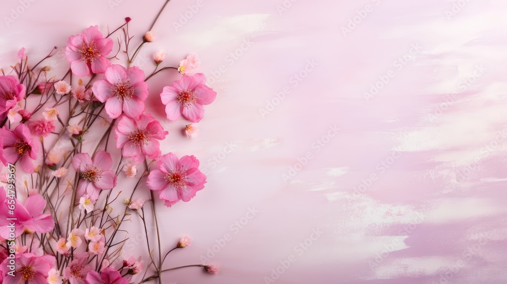 . Banner with frame made of rose flowers and green leaves on a pink background
