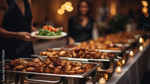 Group of people enjoying dinner buffet at the hotel or restaurant.