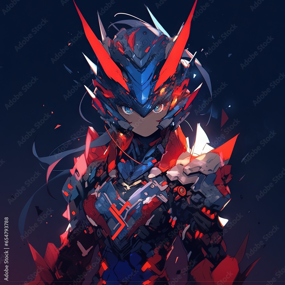 Futuristic robot warrior in red and blue armor in anime style. Dynamic ...