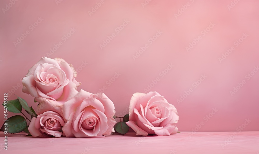 pink roses in a vase. Banner with frame made of rose flowers and green leaves on a pink background