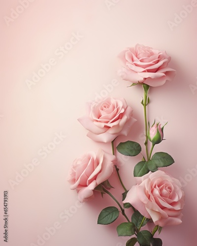 pink roses. Banner with frame made of rose flowers and green leaves on a pink background