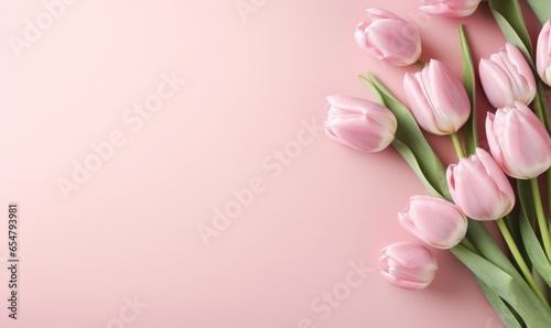 pink tulips. Banner with frame made of rose flowers and green leaves on a pink background