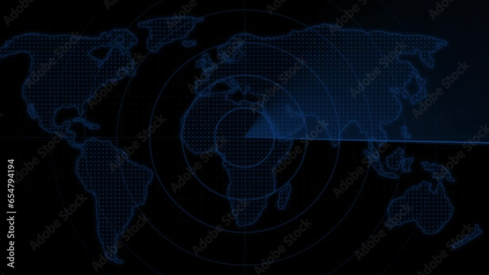 Scanning radar screen on world map find out different information. technology animation background. Scanning radar screen on world map find out different information. technology animation background.