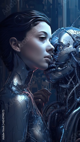 Woman and robot in futuristic world.