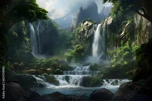 A majestic waterfall surrounded by lush greenery, a natural wonder.