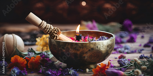 Tibetan bowl in a relaxing atmosphere with candles, Candle flower bowl decoration,  burning candles,SMALL BRASS SINGING BOWL,generative AI photo