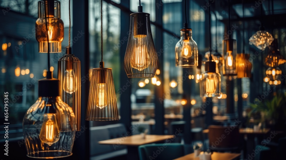 Modern pendant lights with vintage bulbs in cozy cafe. - obrazy, fototapety, plakaty 