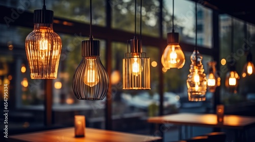 Modern pendant lights with vintage bulbs in cozy cafe. © visoot