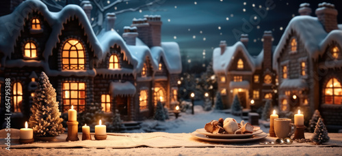 Christmas village on a snowy night in vintage style, Christmas Holidays, Magical Christmas night.