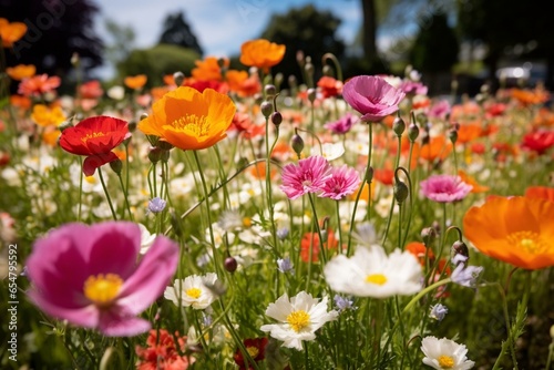 Assorted vibrant wildflowers blooming near Saville Garden in Egham, Surrey, UK. Generative AI photo