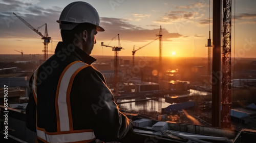 Engineer check quality concrete at heavy construction site at sunset. © visoot