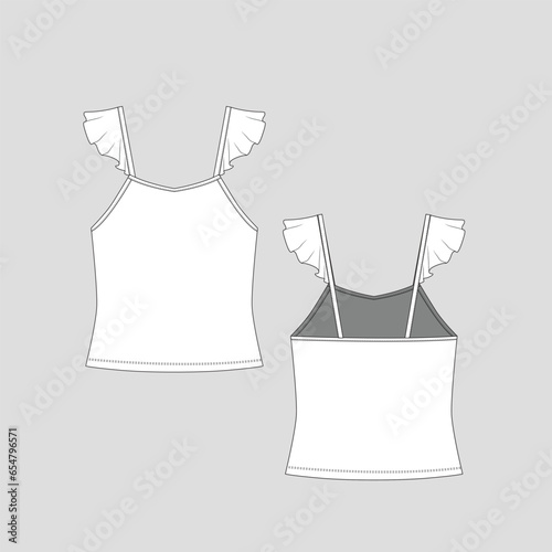 fashion ruffle strap  top sleeveless camisole tank top ruffle flat sketch drawing template design vector