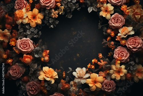 Close-up wreath with blooming flowerbeds of apricot and orange flowers on dark moody floral textured background. Generative AI #654796756