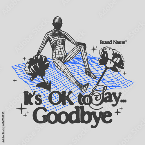Retro futuristic y2k wireframe girl. Modern typographic print, with perspective grid and flower. Streetwear print for T-shirt, hoodie, and sweater